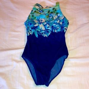 Blue & Green Floral Print One-Piece Youth Swim